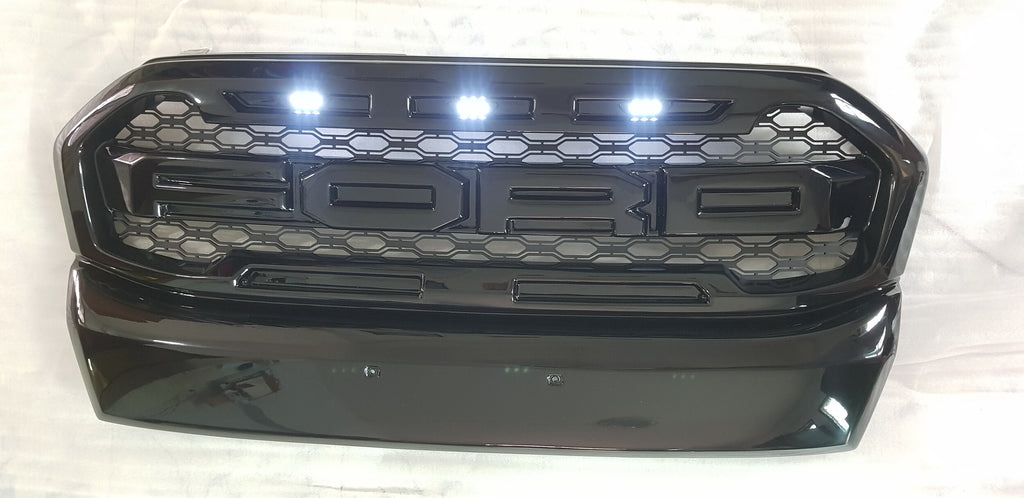 FORD RANGER 2015-2020 ALSO 2020-2021 FULL GLOSS GRILL V2 WHITE OR AMBER LEDS